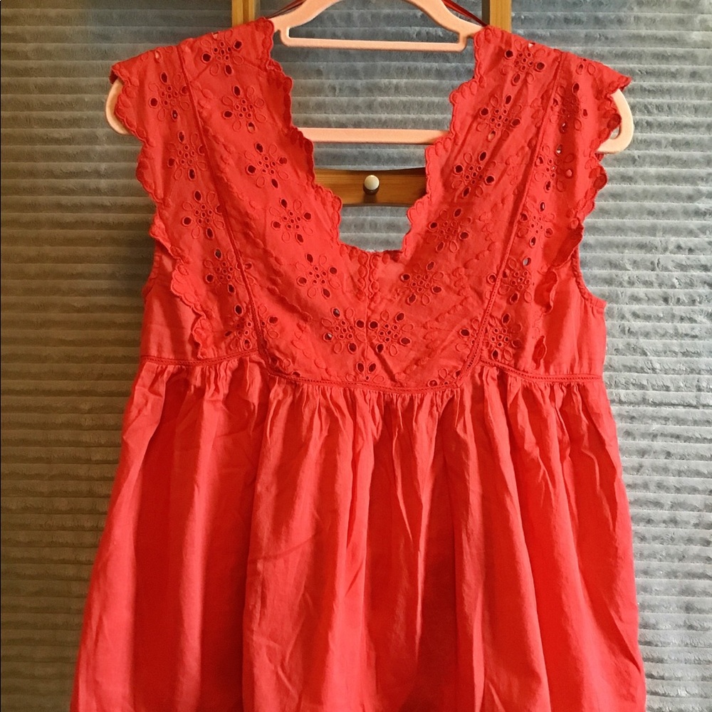 Summer staple coral red eyelet peasant top